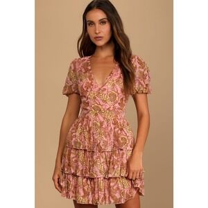 Lulu's Pink and Gold Floral Mini Dress